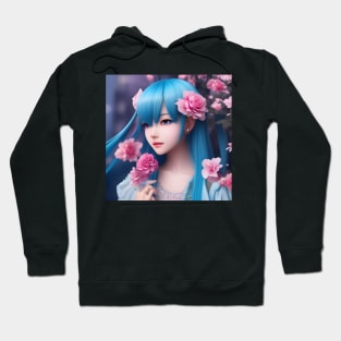 Beaux Animes Art  Manga Anime Girl with blue hair and roses everywhere Design Hoodie